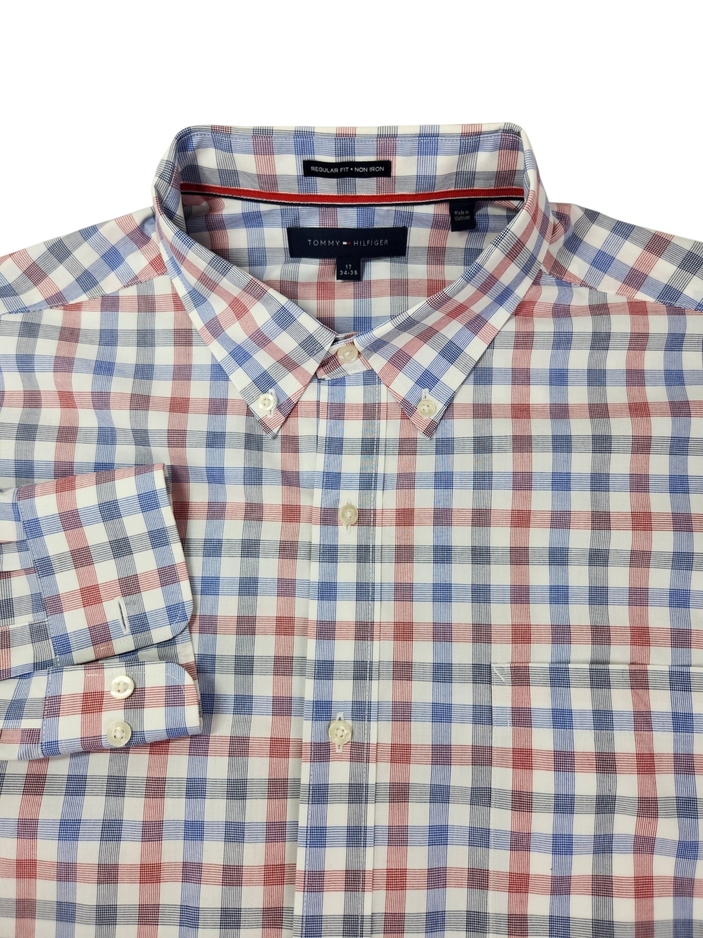Tommy Hilfiger Mens 17 34/35 Plaid Button Down Shirt Regular Fit Red White Blue